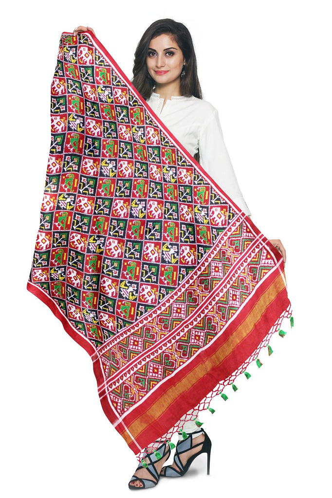 Red and Dark Green Handwoven Double Ikat Silk Dupatta