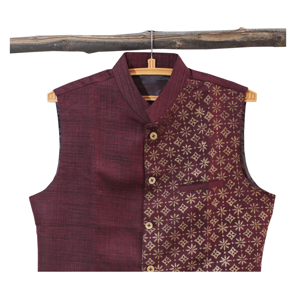 Maroon Hand Block Printed Men's Jacket/Koti