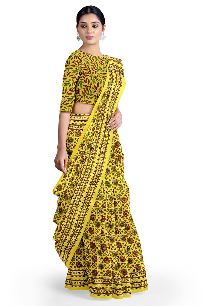 Grey Modal Silk Ajrakh Hand Block Print Saree With Tissue Pallu