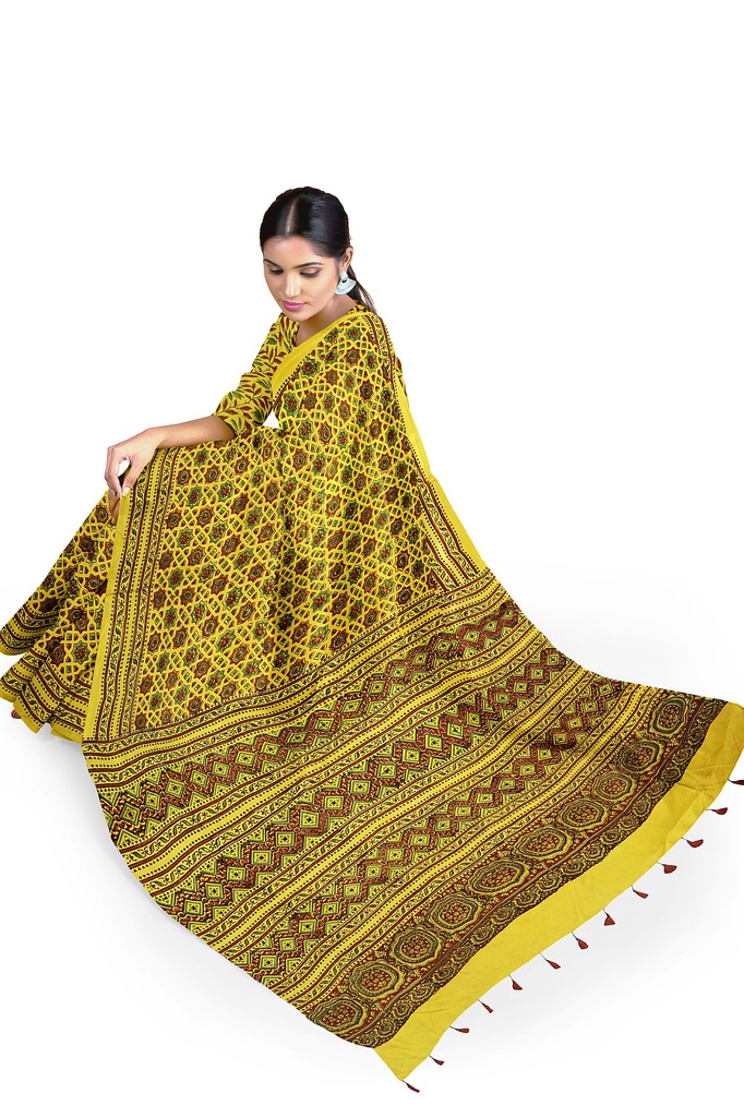 Grey Modal Silk Ajrakh Hand Block Print Saree With Tissue Pallu