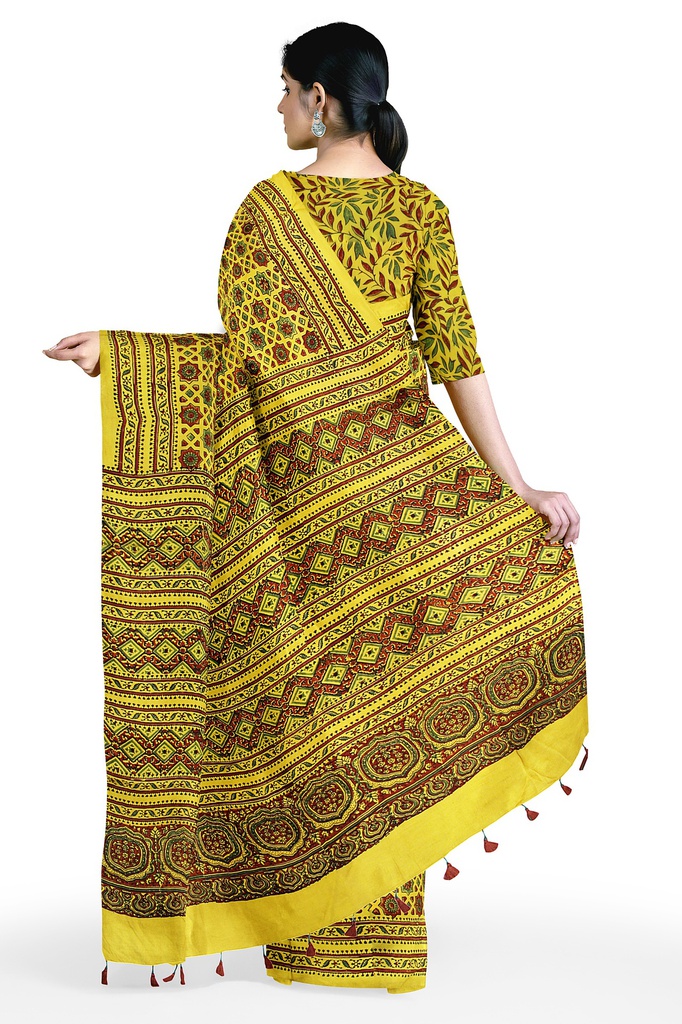 Grey Modal Silk Ajrakh Hand Block Print Saree With Tissue Pallu
