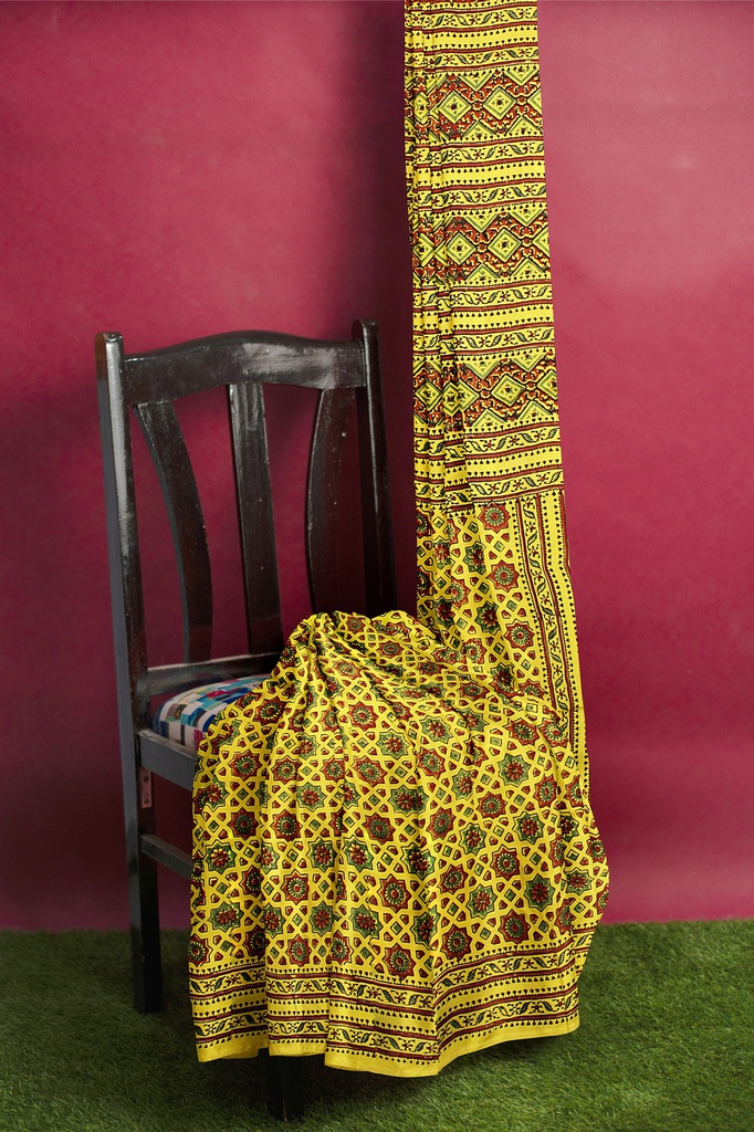 Black Silk Ajrakh Hand Block Print Saree With Tissue Pallu