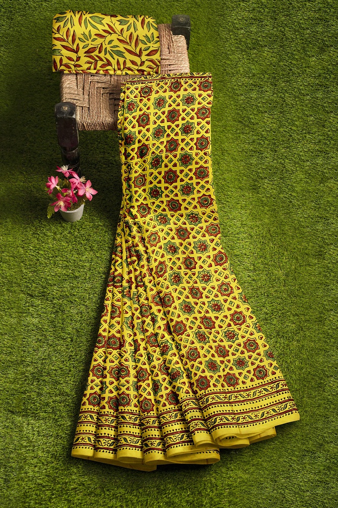 Black Silk Ajrakh Hand Block Print Saree With Tissue Pallu