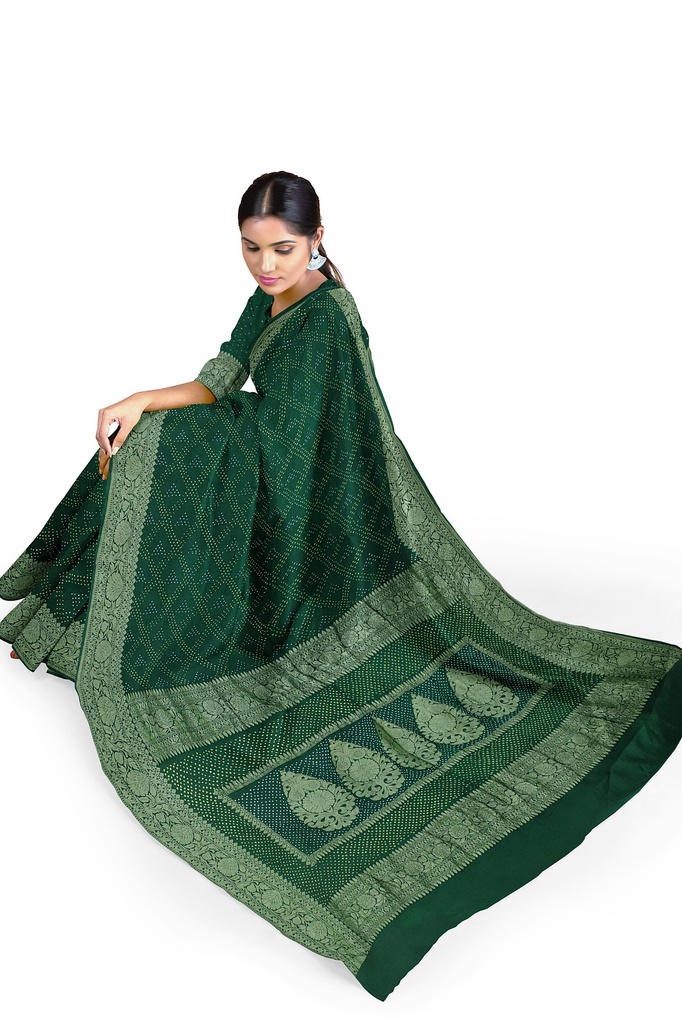 Green Georgette Banarasi Hand Dyed Bandhani Saree