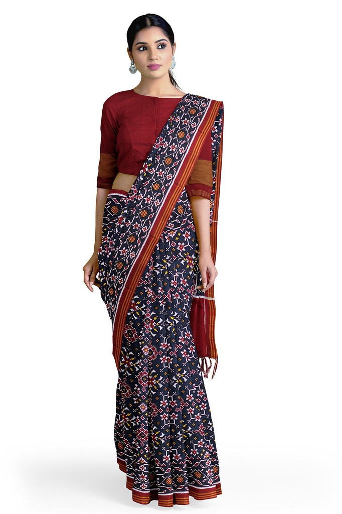 Handwoven Maroon and Indigo Blue Double Ikat Silk Patola Saree
