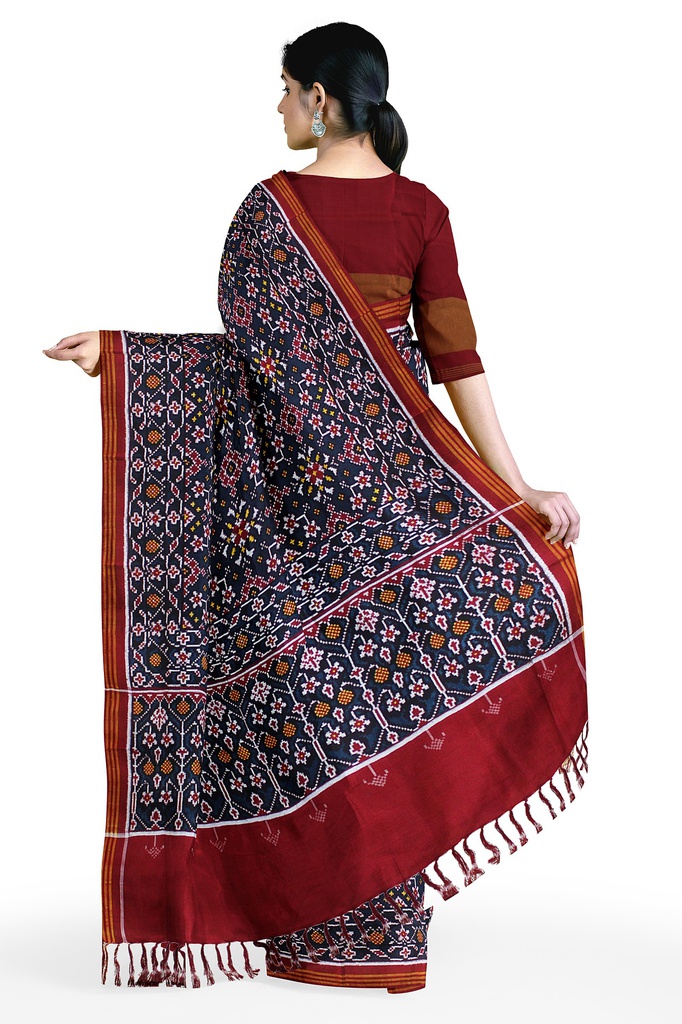 Handwoven Maroon and Indigo Blue Double Ikat Silk Patola Saree