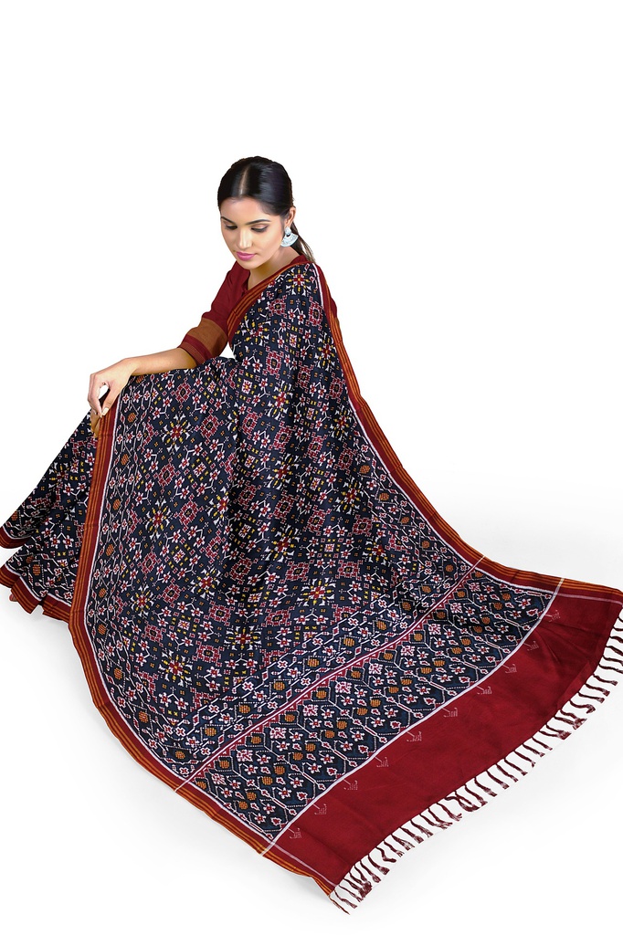 Handwoven Maroon and Indigo Blue Double Ikat Silk Patola Saree