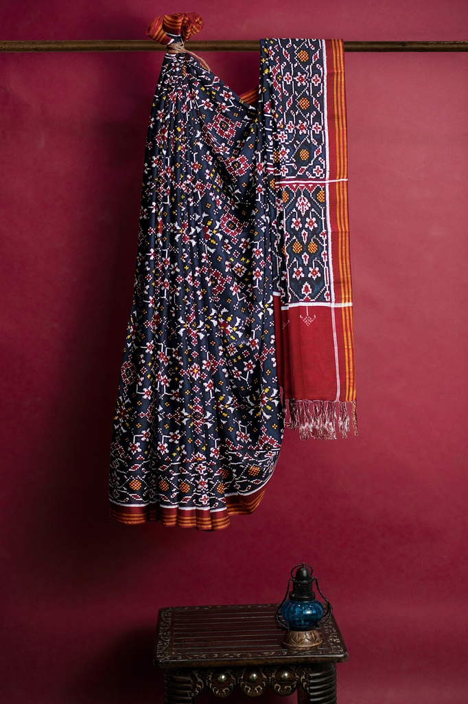 Handwoven Maroon and Indigo Blue Double Ikat Silk Patola Saree