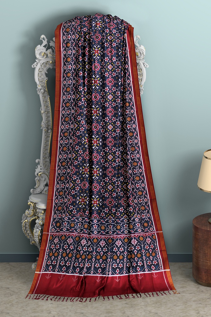 Handwoven Maroon and Indigo Blue Double Ikat Silk Patola Saree