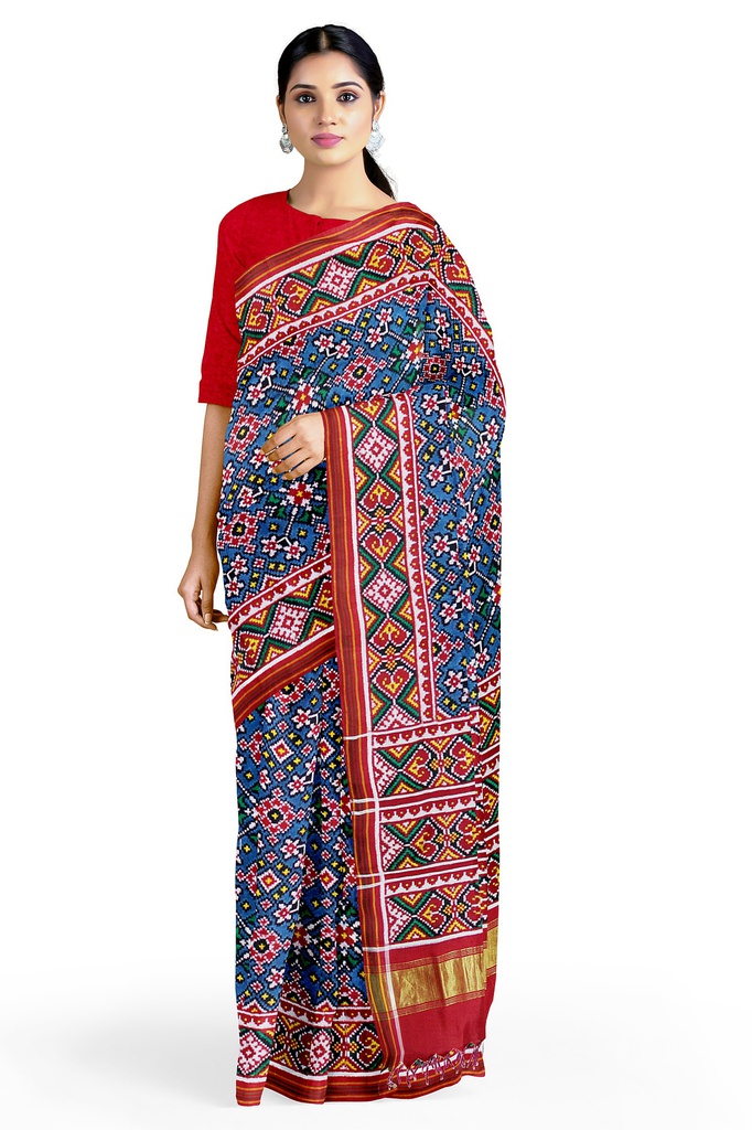 Handwoven Red and Peacock Blue Double Ikat Silk Patola Saree