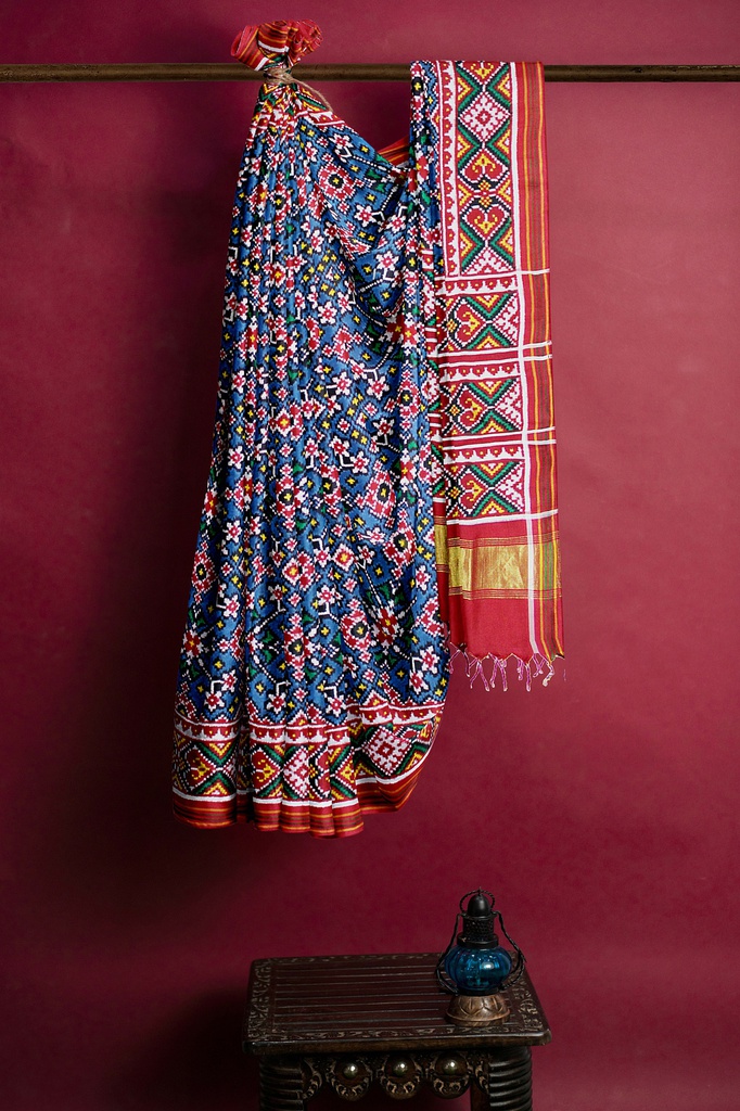 Handwoven Red and Peacock Blue Double Ikat Silk Patola Saree