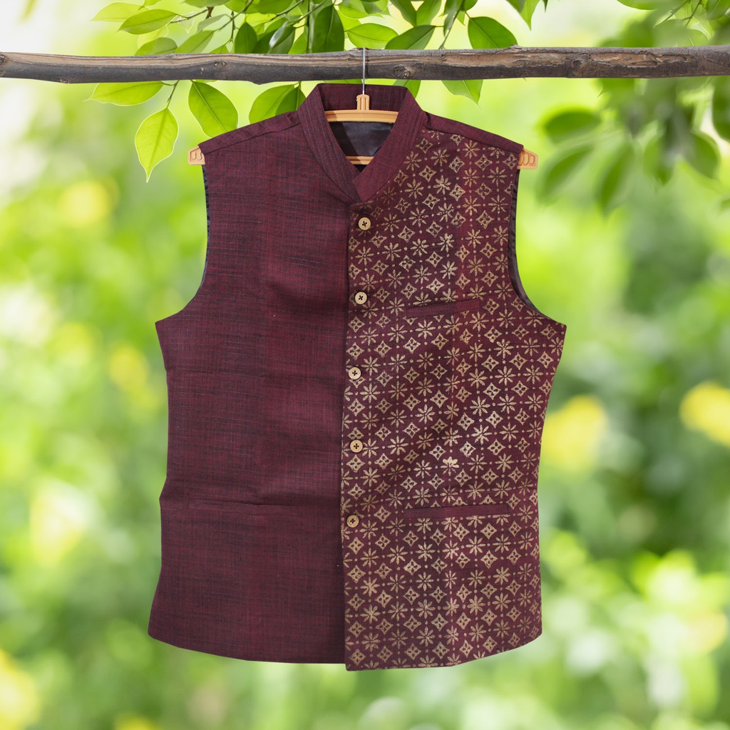 Maroon Hand Block Printed Men's Jacket/Koti