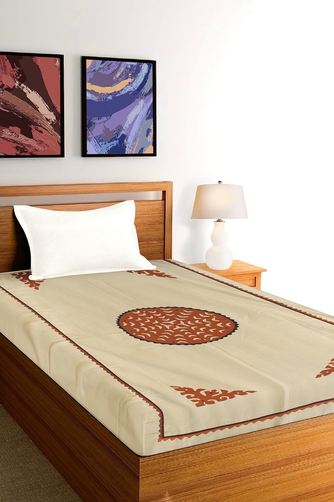 Tan Brown Applique Work Single Bedcover