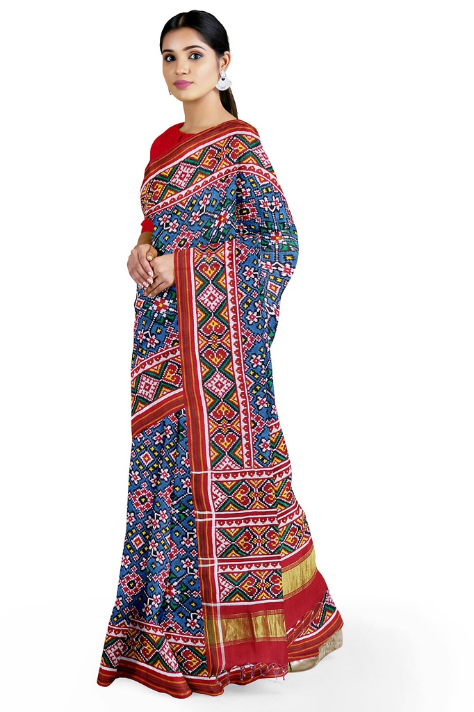 Handwoven Red and Peacock Blue Double Ikat Silk Patola Saree