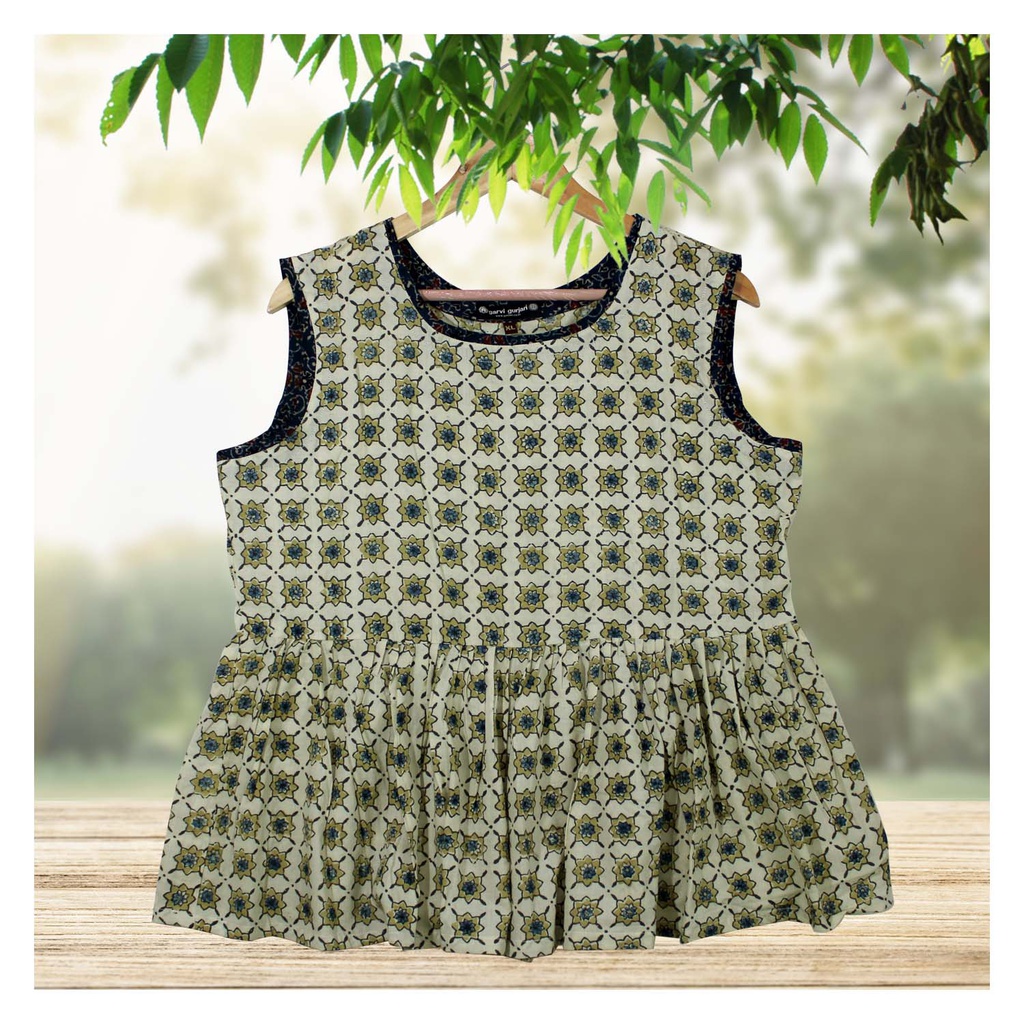 Cream Ajrakh Hand Block Printed Cotton Short Kurti