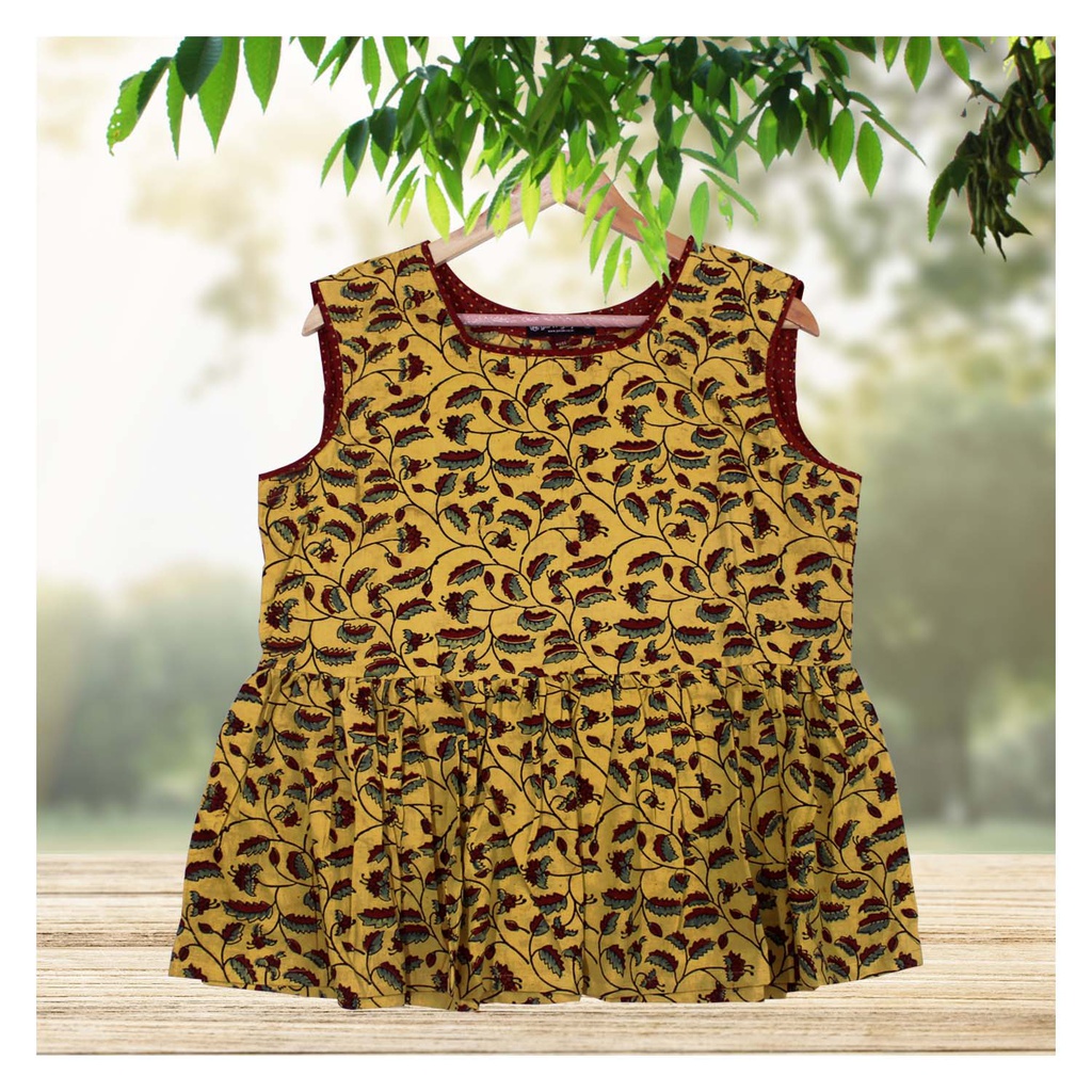 Yellow Ajrakh Hand Block Printed Cotton Short Kurti