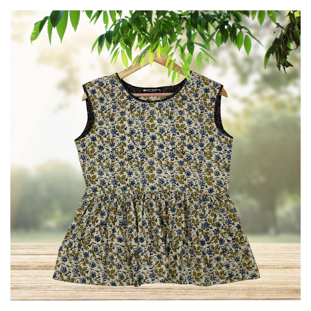 Cream Ajrakh Hand Block Printed Cotton Short Kurti