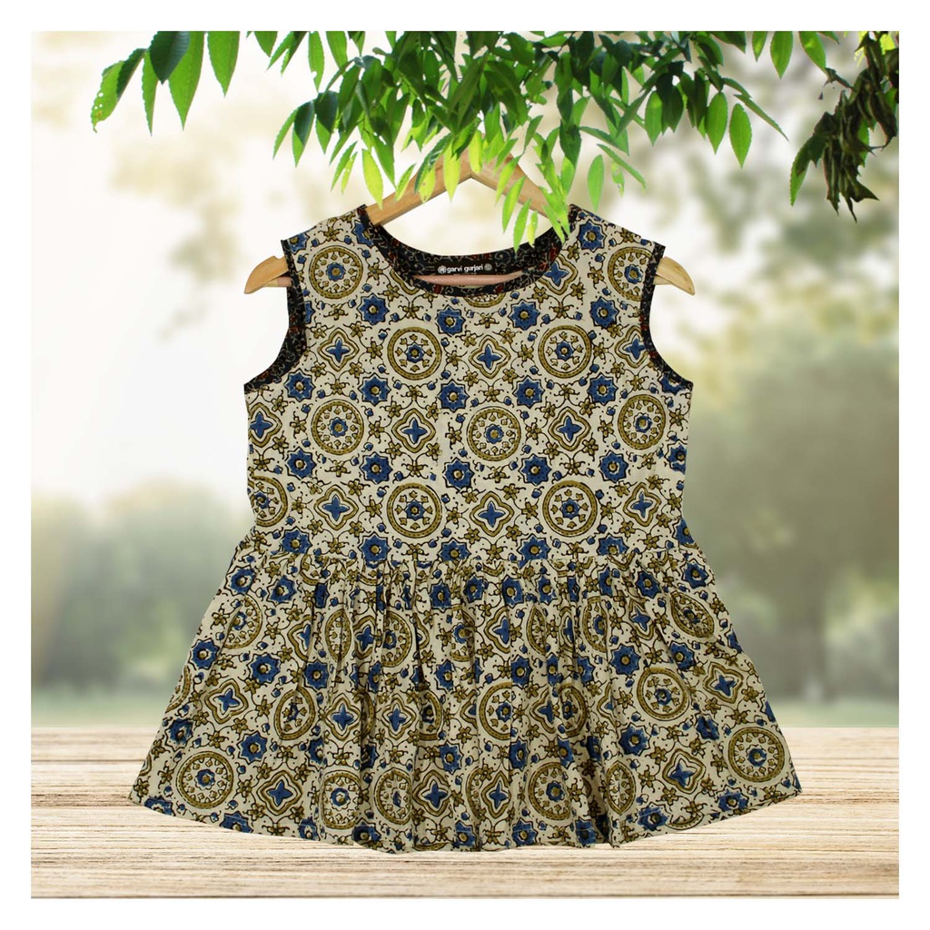 Cream Ajrakh Hand Block Printed Cotton Short Kurti