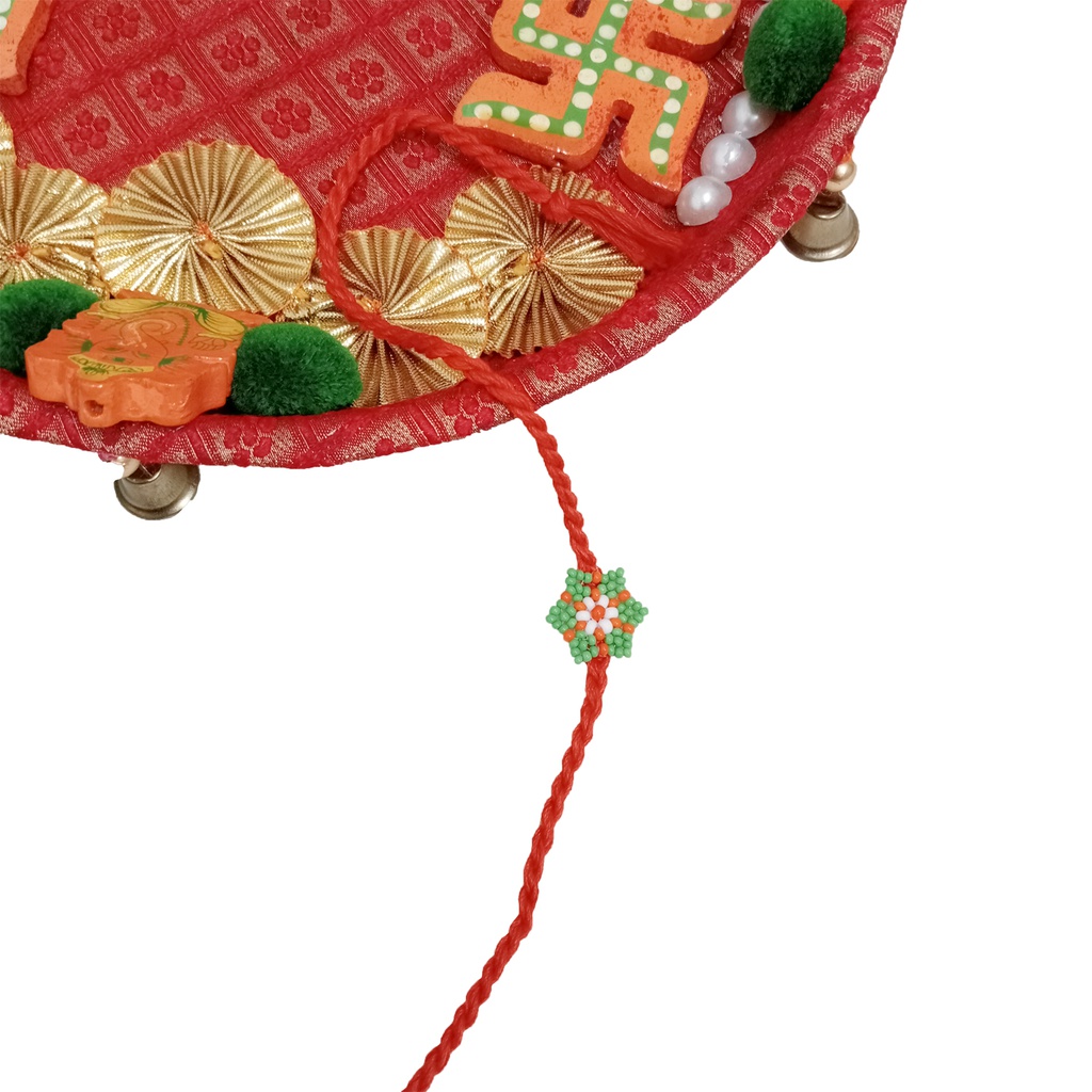 Hand Beaded Flower Design Rakhi - Light Green and Orange