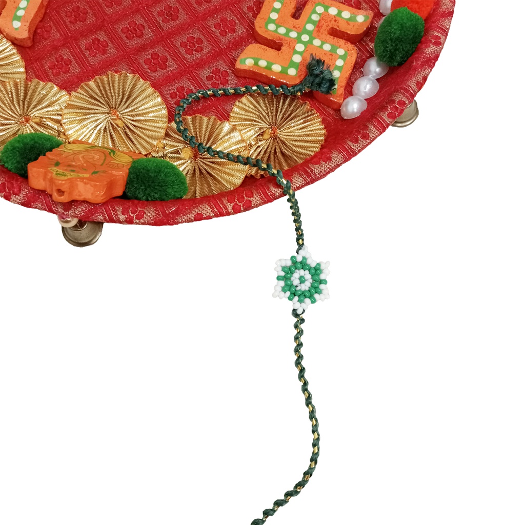 Hand Beaded Flower Design Rakhi - White and Green