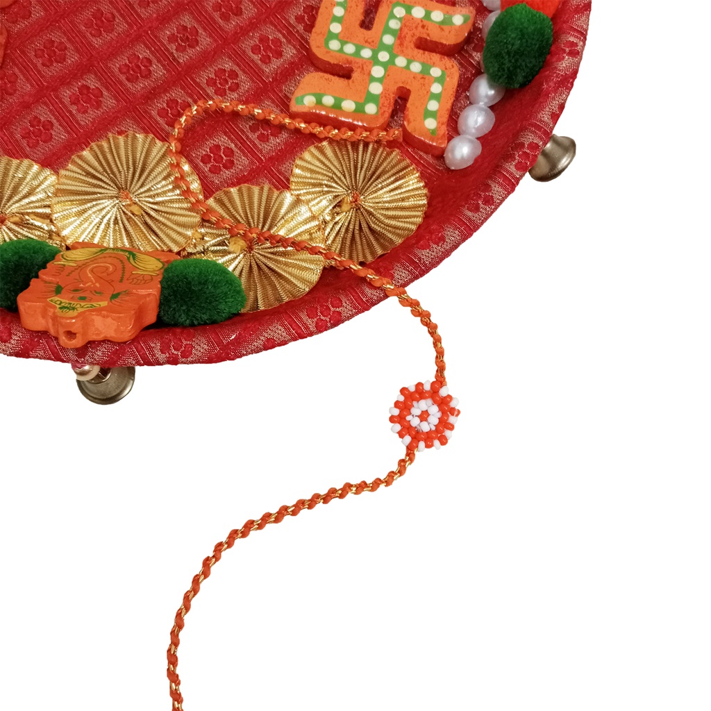 Hand Beaded Round Rakhi - Orange
