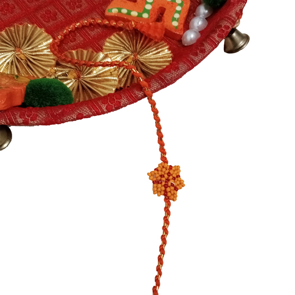 Hand Beaded Flower Design Rakhi - Orange and Red
