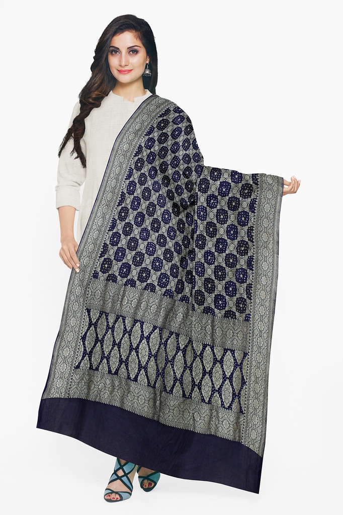 Navy Blue Georgette Handwoven Neemzari Bandhani Dupatta