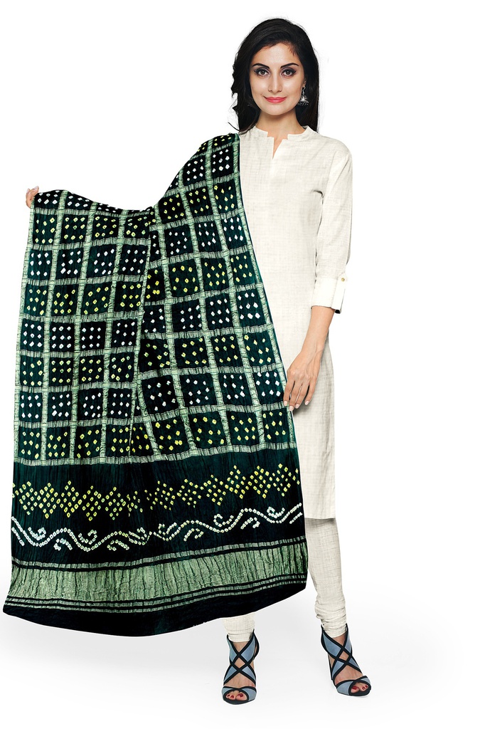 Green Handwoven Gaji Silk Bandhani Dupatta