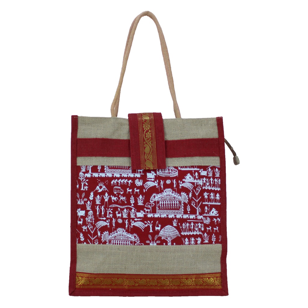 Handmade Warli Print Jute Bag