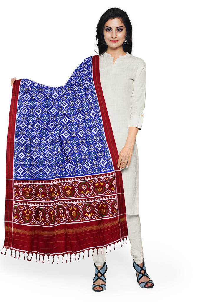 Handwoven Blue and Red Double Ikat Patola Dupatta