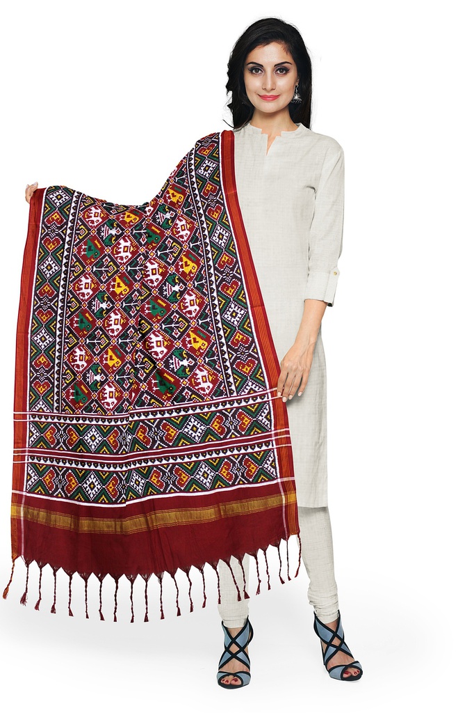 Handwoven Maroon and Black Double Ikat Patola Dupatta