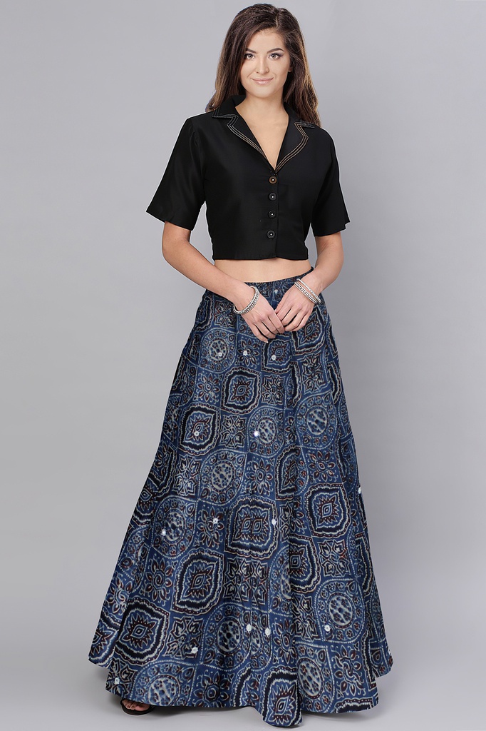 Hand Ajrakh Block Print Mashru Silk Long Skirt