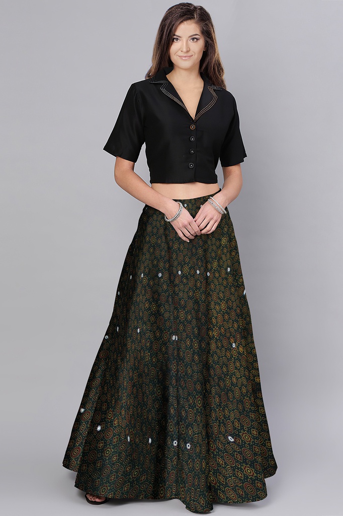 Hand Ajrakh Block Print Mashru Silk Long Skirt