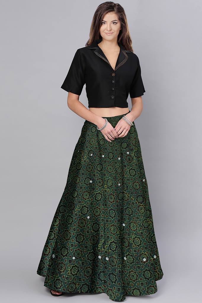 Hand Ajrakh Block Print Mashru Silk Long Skirt
