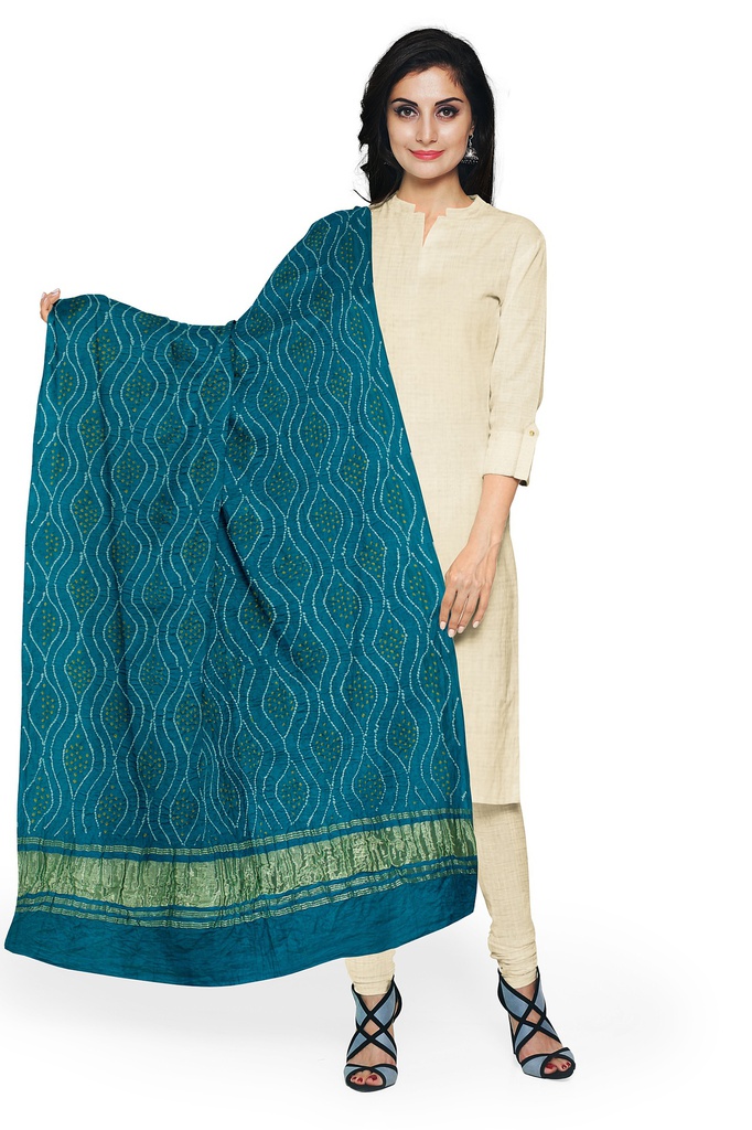 Teal Handwoven Gaji Silk Bandhani Dupatta