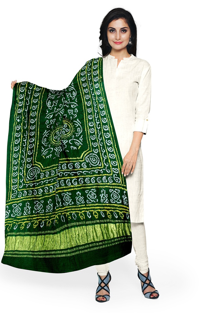 Green Handwoven Gaji Silk Bandhani Dupatta