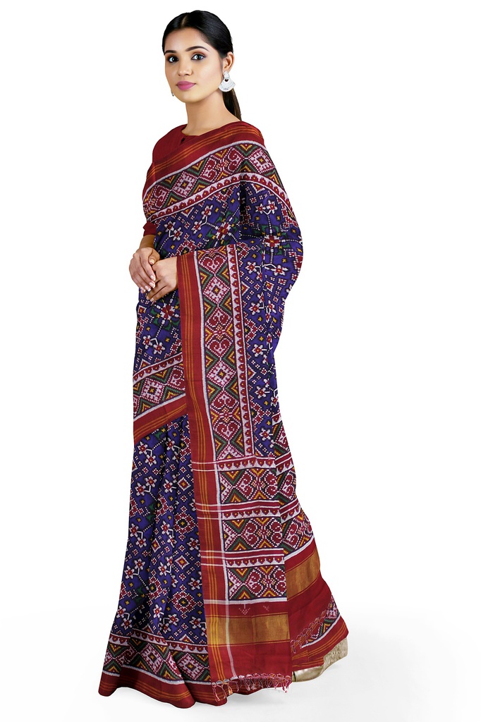 Handwoven Maroon and Blue Double Ikat Silk Patola Saree