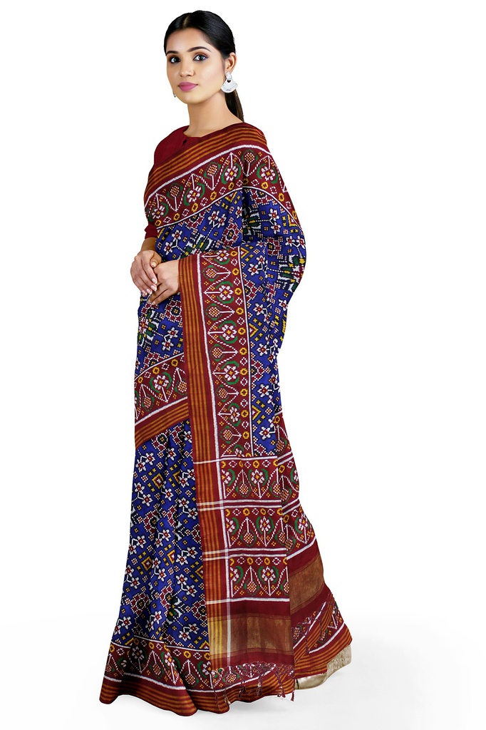Handwoven Blue and Red Double Ikat Silk Patola Saree