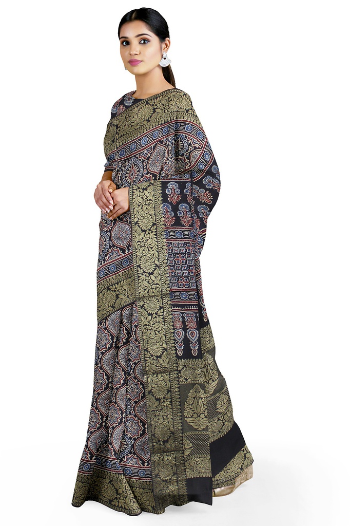 Dola Silk Ajrakh Hand Block Print Saree