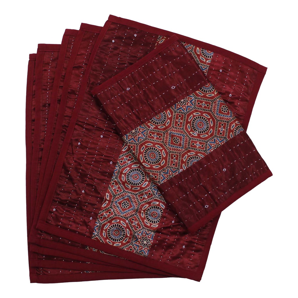 Handmade Tagai Embroidered Ajrakh Mashru Silk Table Placemats (Set of 6)
