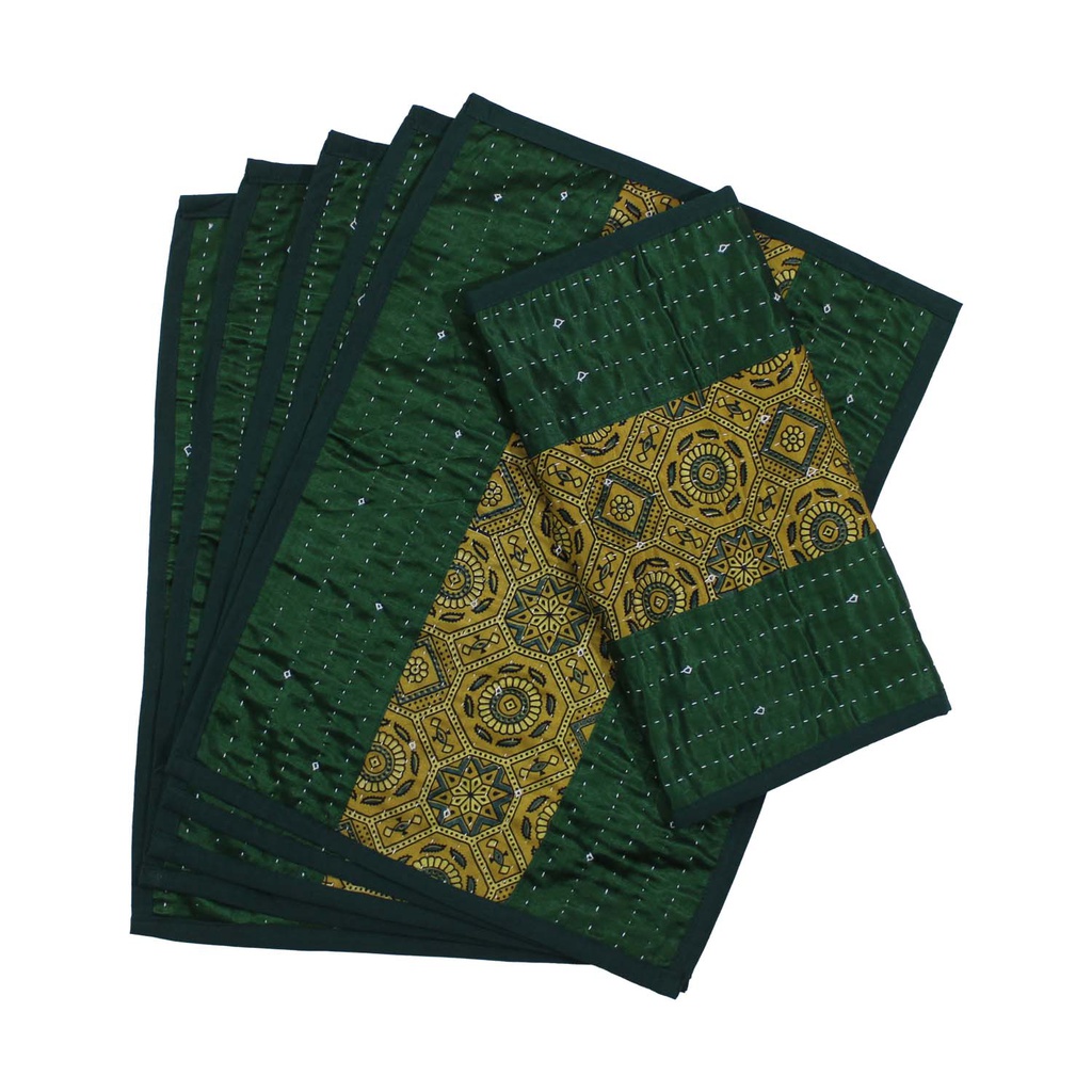 Handmade Tagai Embroidered Ajrakh Mashru Silk Table Placemats (Set of 6)