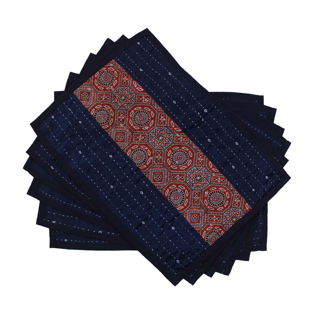 Handmade Tagai Embroidered Ajrakh Mashru Silk Table Placemats (Set of 6)