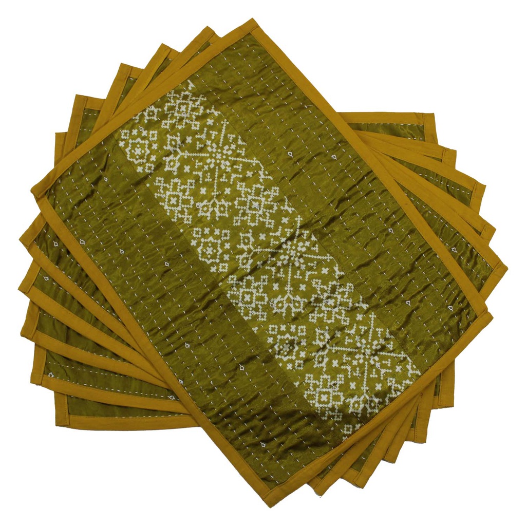 Handmade Tagai Embroidered Ajrakh Mashru Silk Table Placemats (Set of 6)