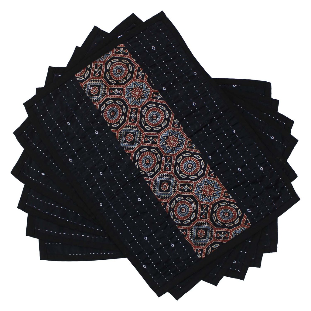 Handmade Tagai Embroidered Ajrakh Mashru Silk Table Placemats (Set of 6)