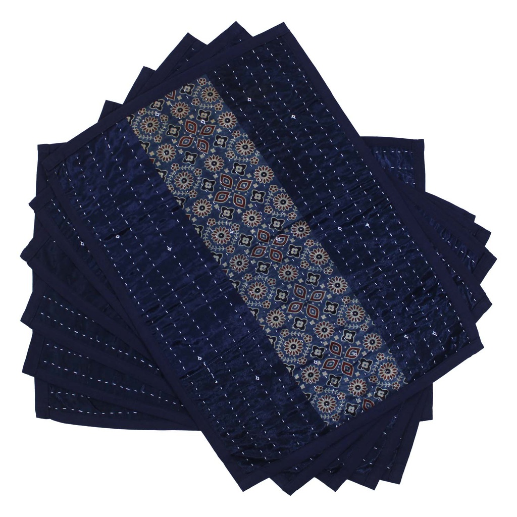 Handmade Tagai Embroidered Ajrakh Mashru Silk Table Placemats (Set of 6)
