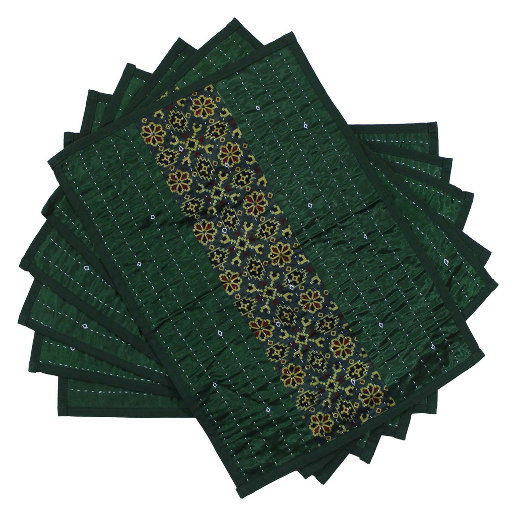 Handmade Tagai Embroidered Ajrakh Mashru Silk Table Placemats (Set of 6)