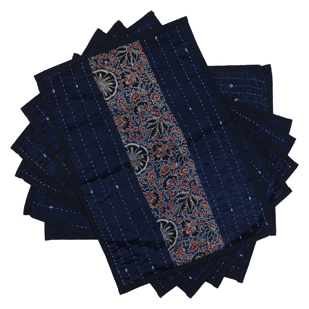 Handmade Tagai Embroidered Ajrakh Mashru Silk Table Placemats (Set of 6)