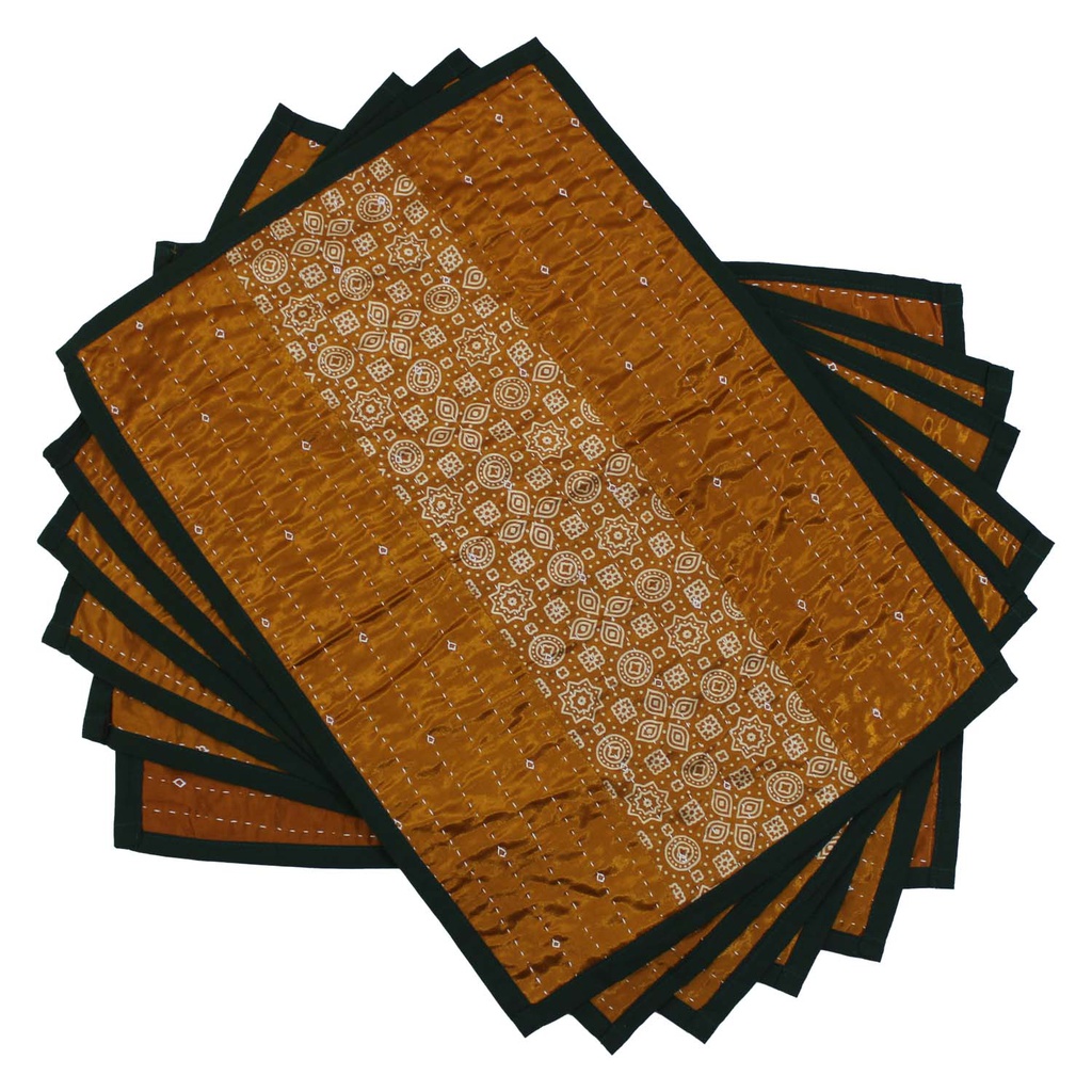 Handmade Tagai Embroidered Ajrakh Mashru Silk Table Placemats (Set of 6)