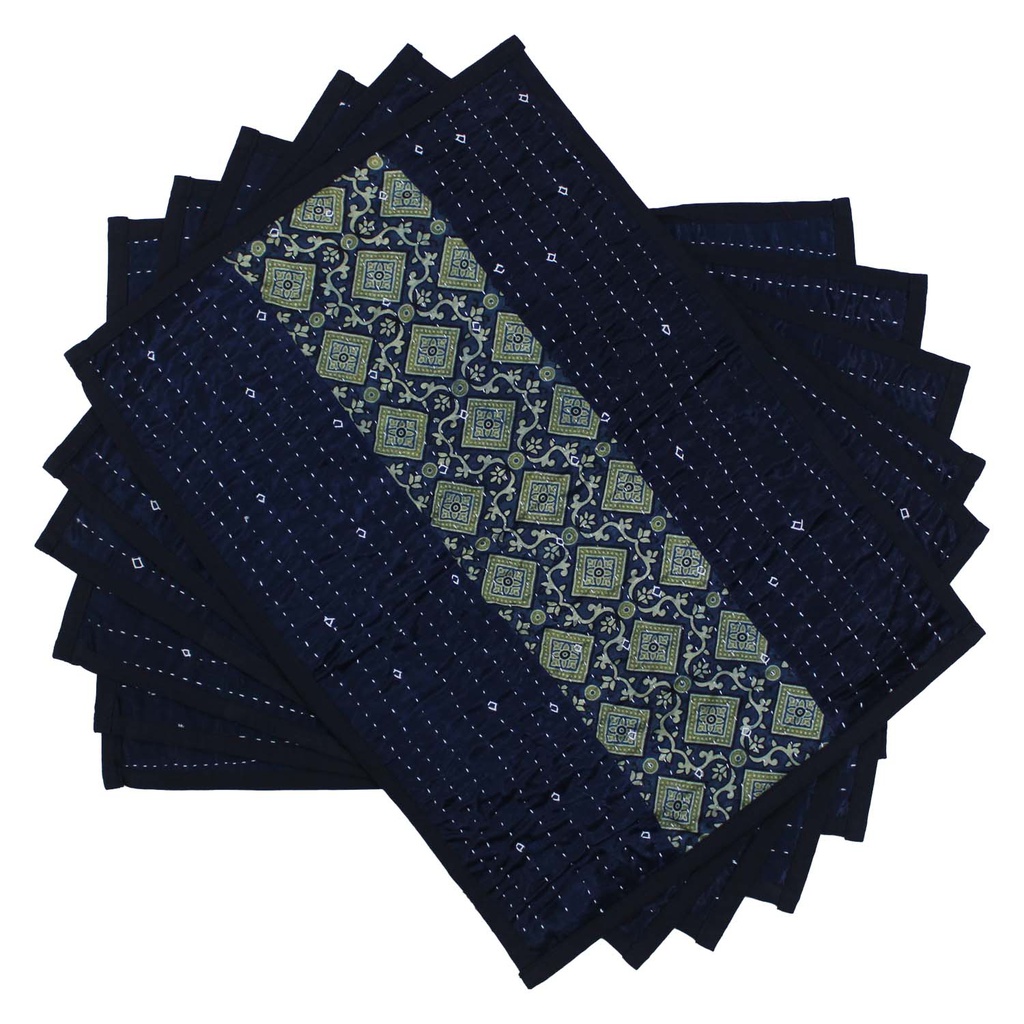 Handmade Tagai Embroidered Ajrakh Mashru Silk Table Placemats (Set of 6)