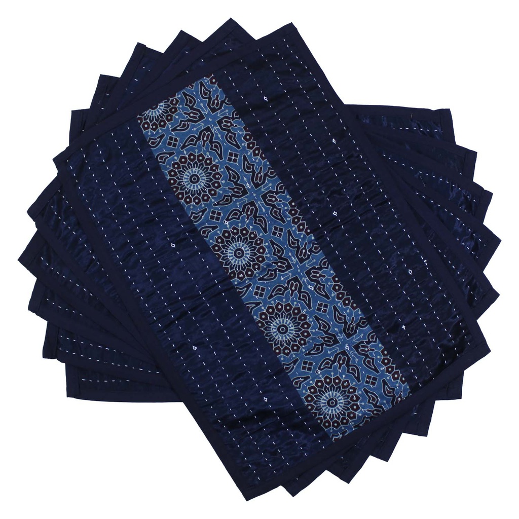 Handmade Tagai Embroidered Ajrakh Mashru Silk Table Placemats (Set of 6)